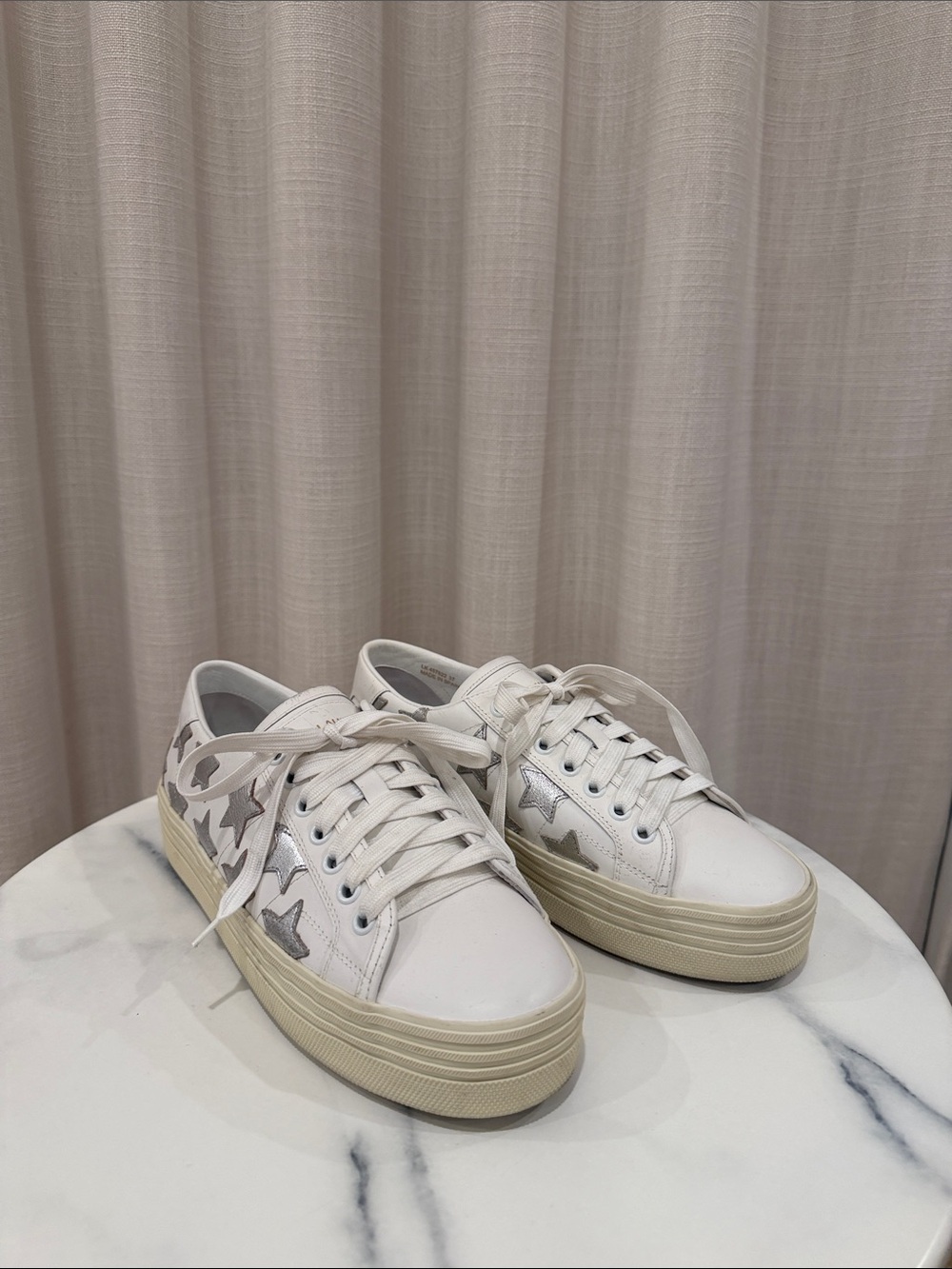 Saint Laurent White Leather Platform Sneakers with Silver Star Detail